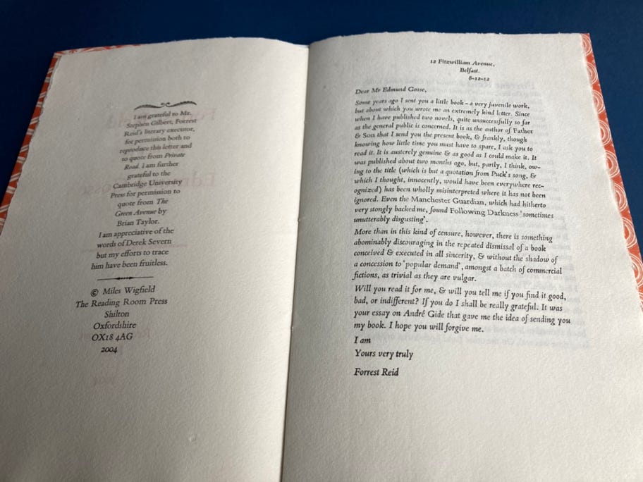 A page spread from Letter to Edmund Gosse